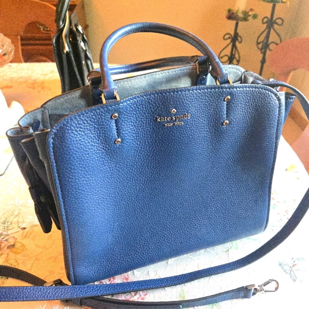 KATE SPADE Purse Tegan Pebbled Leather Blue Satchel Bag Handbag Crossbody A+ - Picture 1 of 11